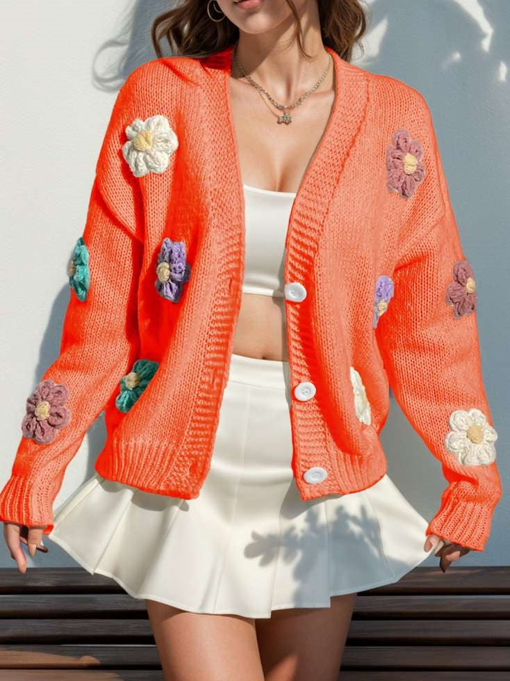 Cute Winter Wear Flower Decor Knit Orange Cardigan