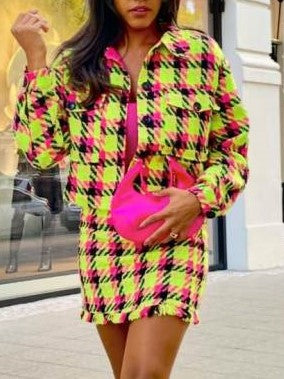 Dapper Contrast Plaid Skirt Long Sleeve Set