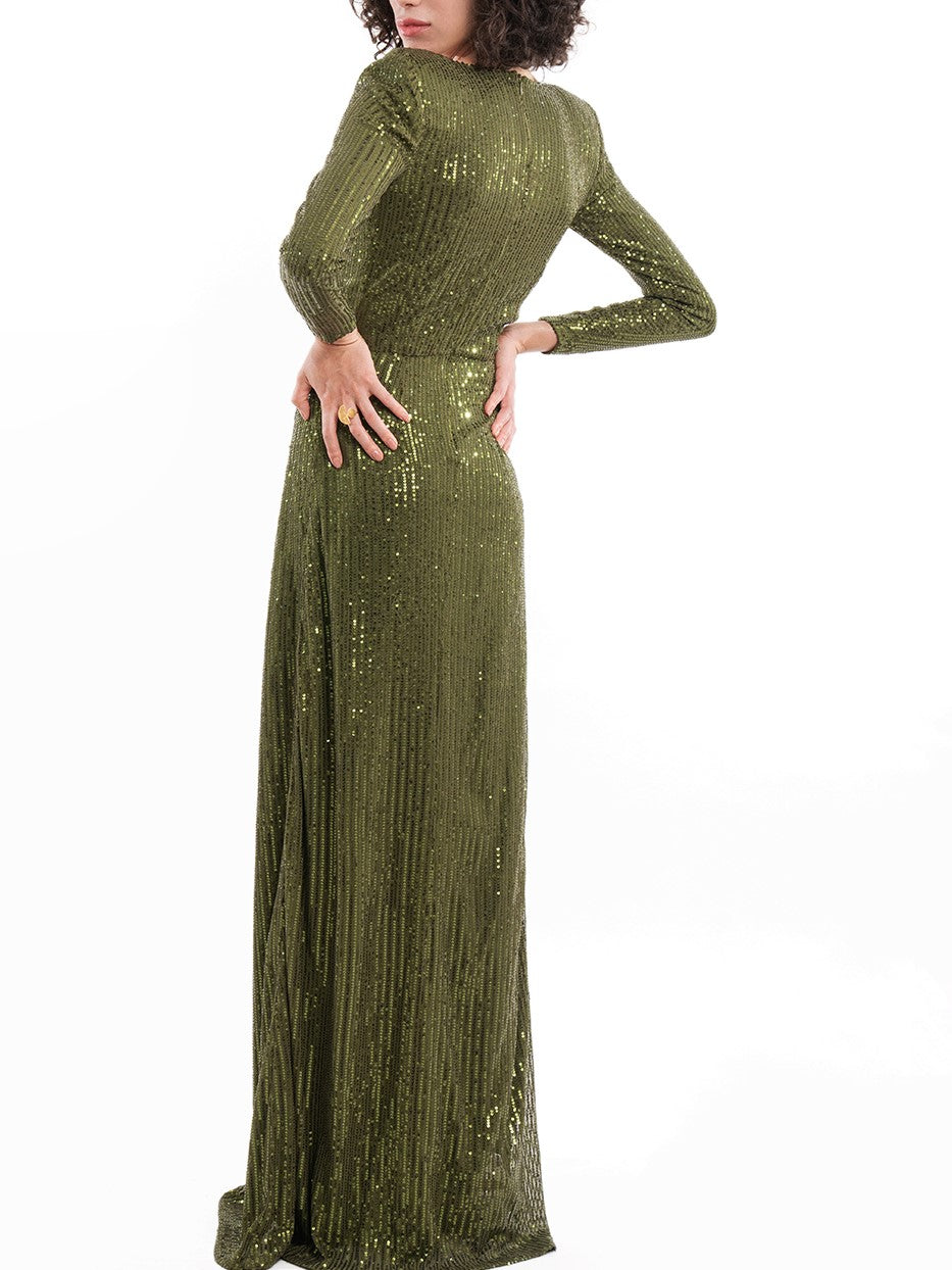 Dazzling Olive Sequin V Neck Long Party Dress