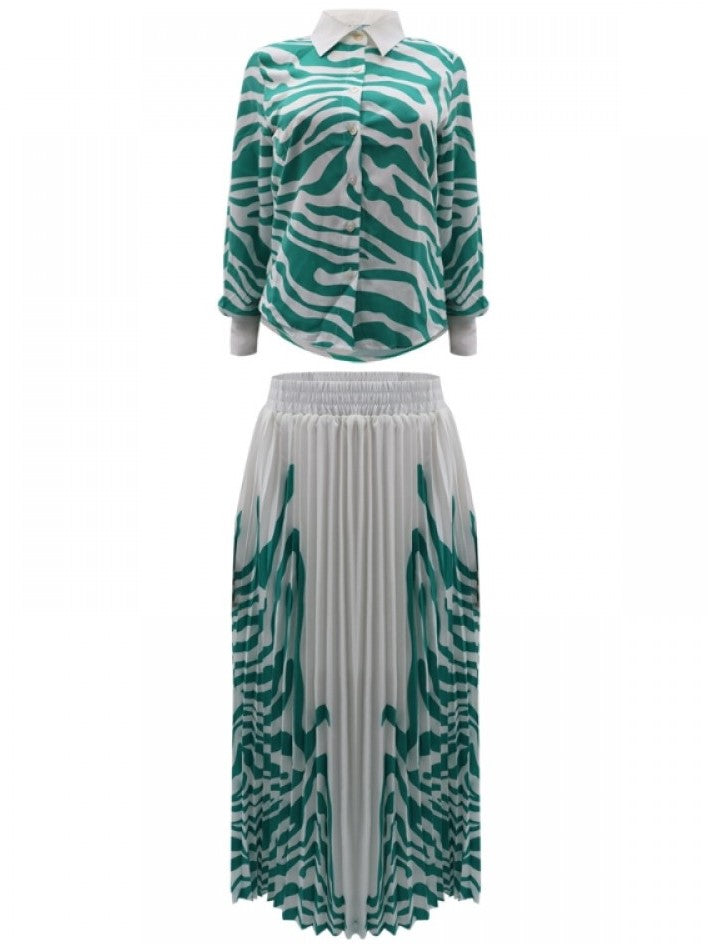 Dressy Zebra Print Pleated Skirt With Green Shirt Set