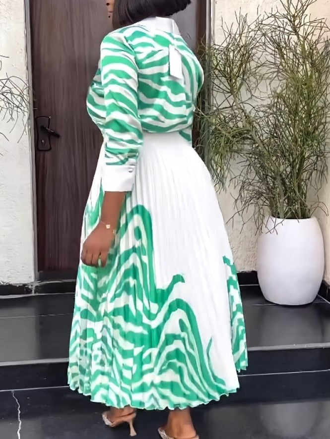 Dressy Zebra Print Pleated Skirt With Green Shirt Set