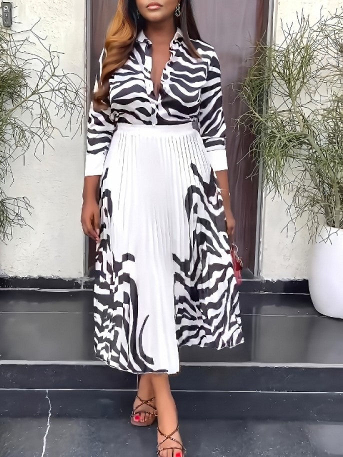 Dressy Zebra Print Pleated Skirt With Black Shirt Set