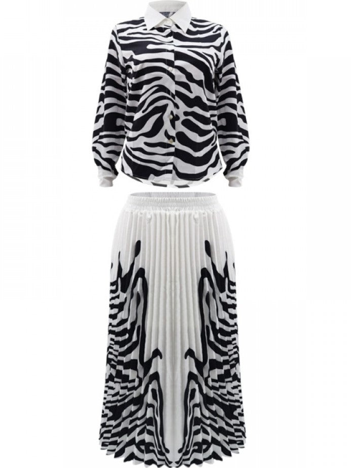 Dressy Zebra Print Pleated Skirt With Black Shirt Set