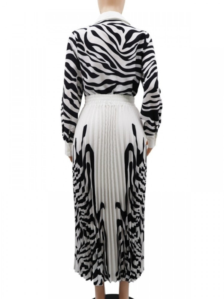 Dressy Zebra Print Pleated Skirt With Black Shirt Set