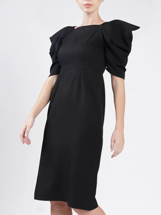 Elegant Black Pleated Puff Sleeve Dress