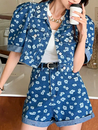 Elegant Denim Printed Puff Sleeve Top With Shorts Set
