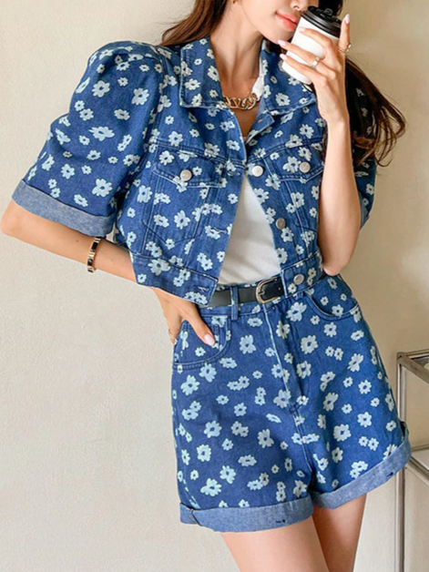 Elegant Denim Printed Puff Sleeve Top With Shorts Set