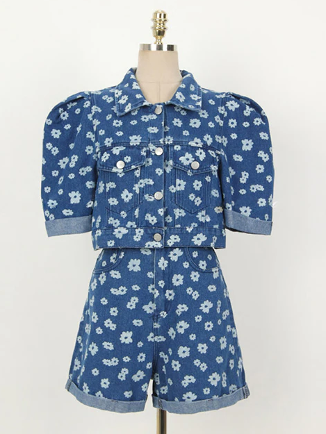 Elegant Denim Printed Puff Sleeve Top With Shorts Set