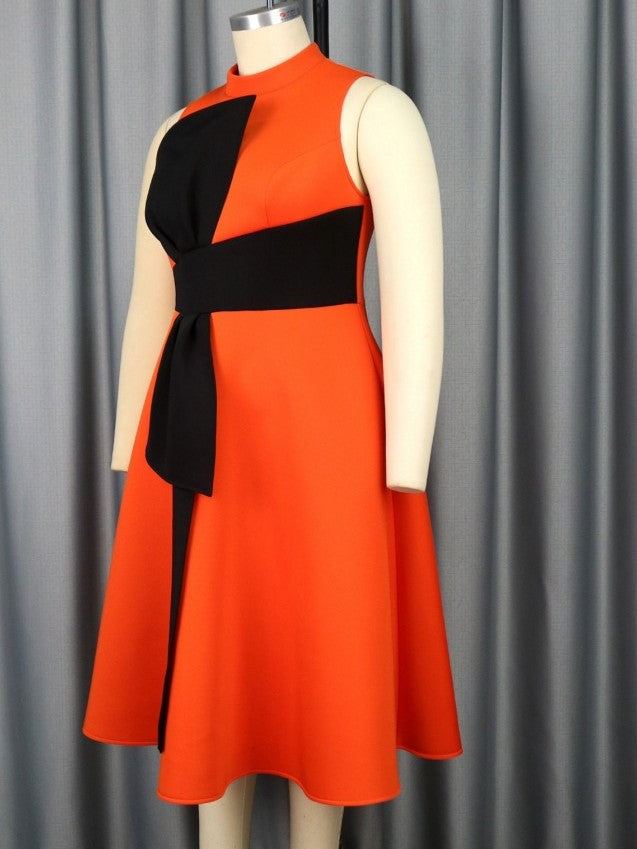 Elegant Orange Bow Patchwork High Rise Sleeveless Dress