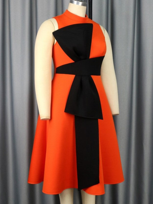 Elegant Orange Bow Patchwork High Rise Sleeveless Dress