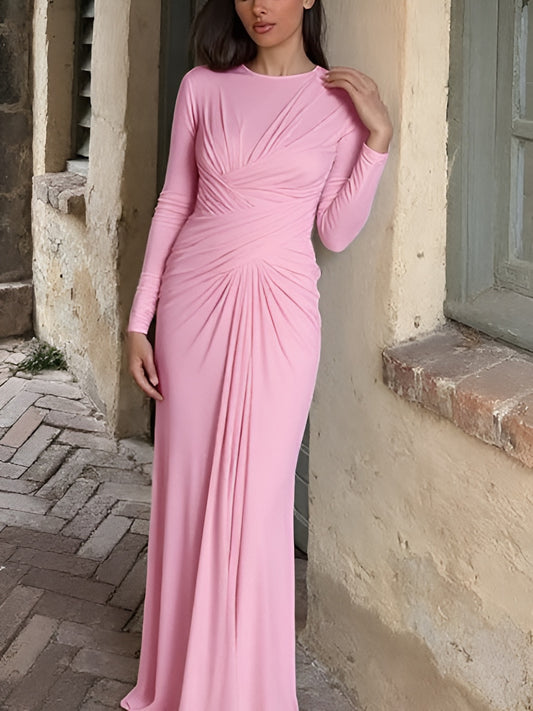 Elegant Pleated Crewneck Elasticized Pink Long Dress