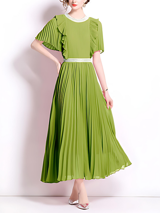 Elegant Short Sleeve Pleated Green Maxi Dress