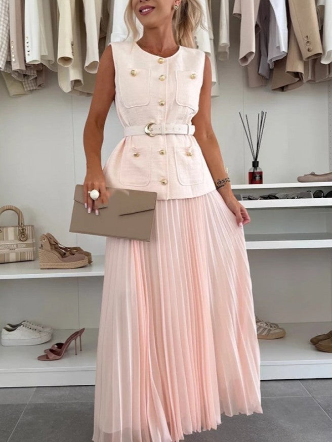 Elite Button Up Vest With Gauze Pleated Pink Skirt Set