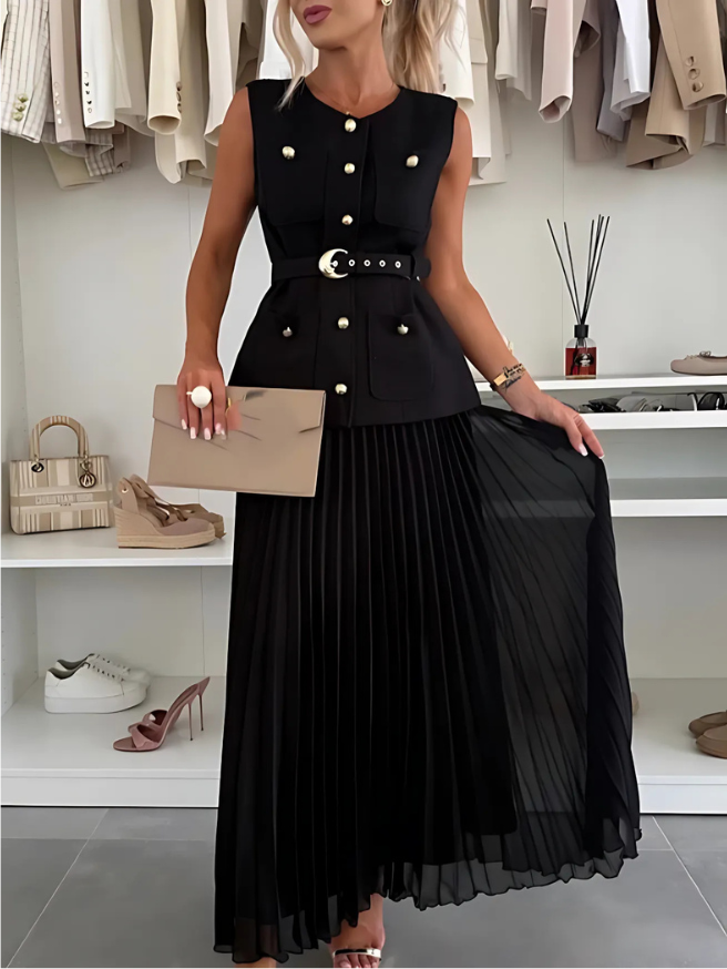 Elite Button Up Vest With Gauze Pleated Skirt Set