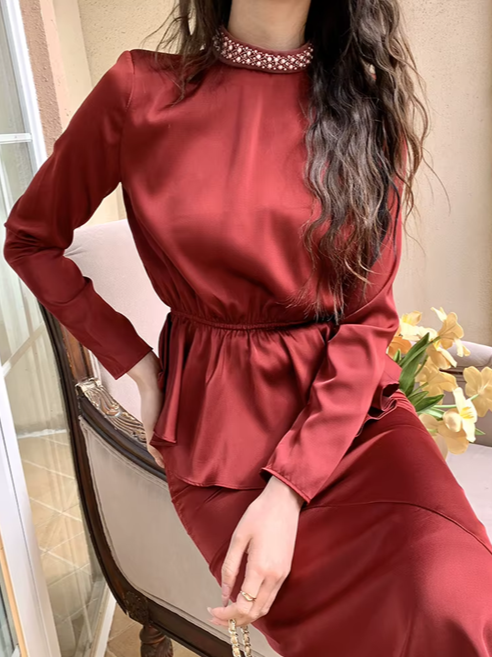 Elite Satin Beaded Decor Pencil Red Skirt Set