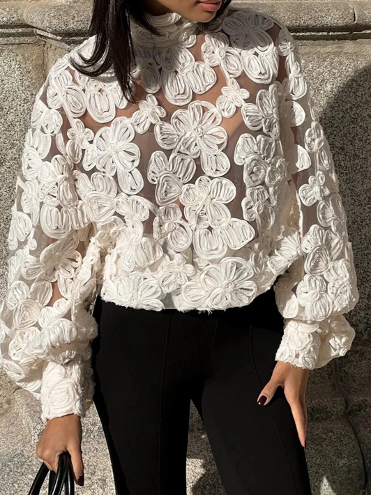 Exclusive Applique See Through Lantern Sleeve Turtle Neck White Top