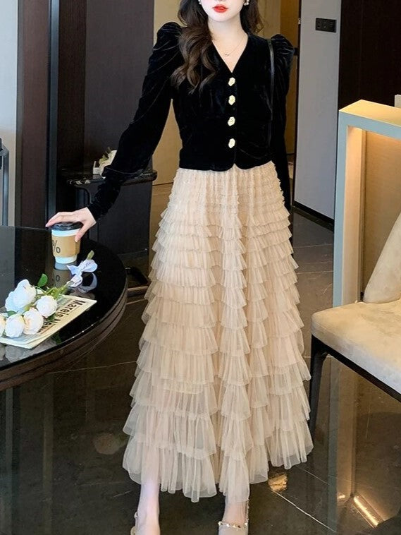 Exclusive Party Wear V Neck Velvet Top With Long Skirt Set