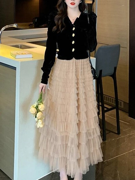 Exclusive Party Wear V Neck Velvet Top With Long Skirt Set