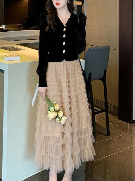 Exclusive Party Wear V Neck Velvet Top With Long Skirt Set