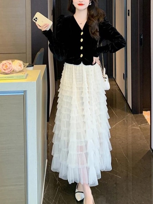 Exclusive Party Wear V Neck Velvet Top With Long Skirt Set