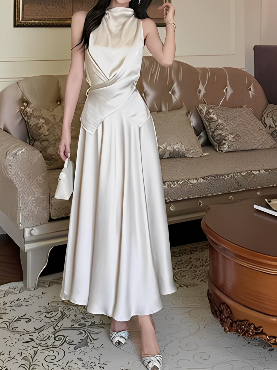 Exquisite Satin Beige Vest With Skirt Set