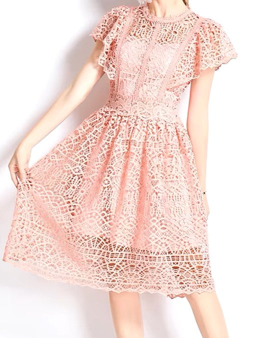 Fabulous O Neck A Line Lace Pink Slim Dress