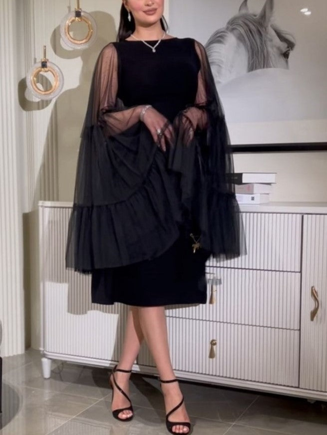 Fabulous Party Wear See Through Lace Long Sleeve Black Dress