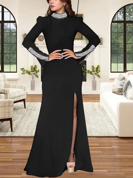 Fabulous Rhinestones Mock Neck Split Hem Black Maxi Dress