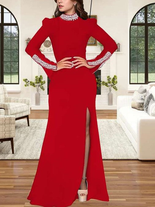Fabulous Rhinestones Mock Neck Split Hem Red Maxi Dress