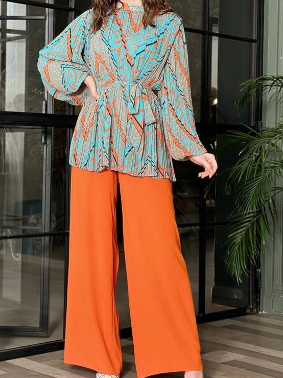 Fabulous Ruched Puff Sleeve Wide Leg Orange Co ord Set