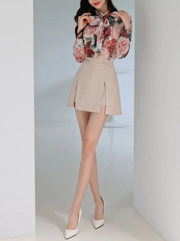 Fashionable Printed Bow Top With Skirt Set