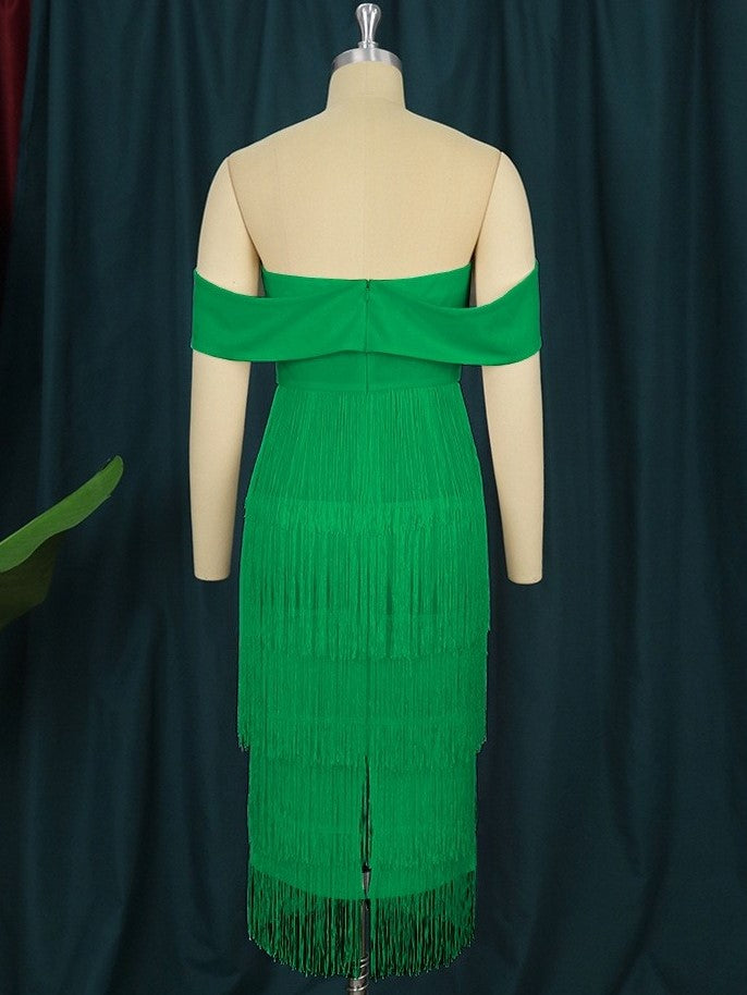 Fashionable Tassels Solid Boat Neck Dress