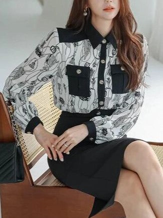Formal Fashion Printed Shirt With High Waist Pencil Skirt Suit Set