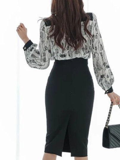 Formal Fashion Printed Shirt With High Waist Pencil Skirt Suit Set