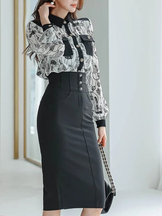Formal Fashion Printed Shirt With High Waist Pencil Skirt Suit Set