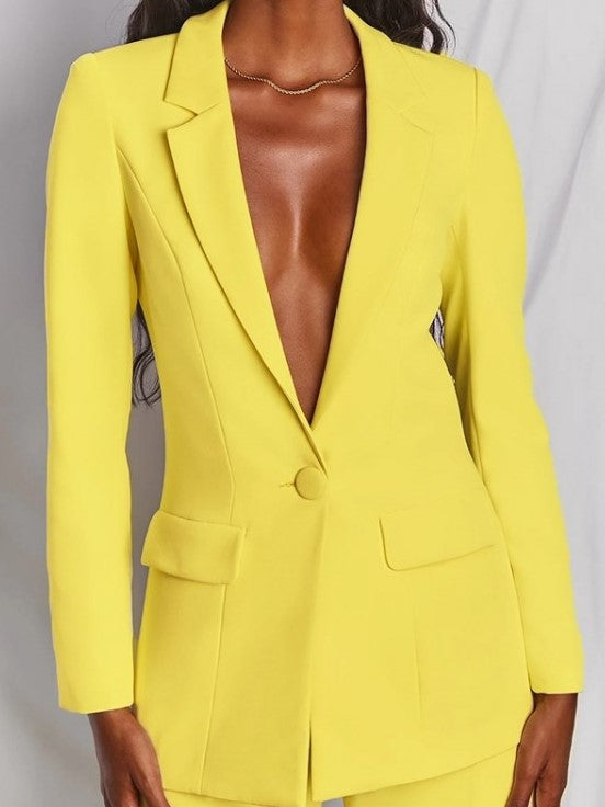 Formal Style Solid Blazer With Yellow Trouser Suit Set