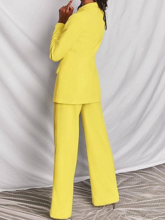 Formal Style Solid Blazer With Yellow Trouser Suit Set