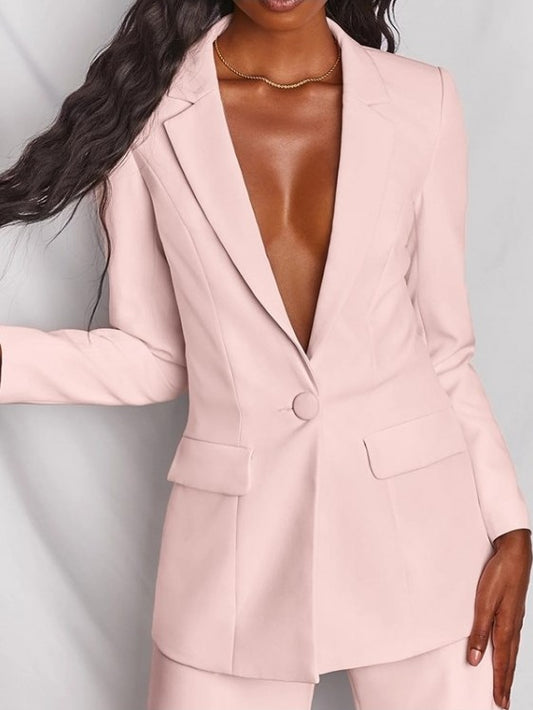 Formal Style Solid Blazer With Light Pink Trouser Suit Set
