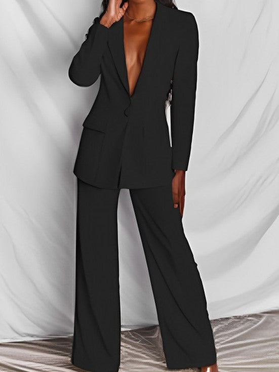 Formal Style Solid Blazer With Black Trouser Suit Set