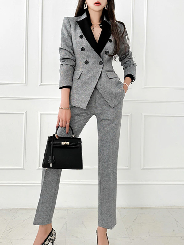 Formal Wear Contrast Blazer With Pants Grey Suit Set