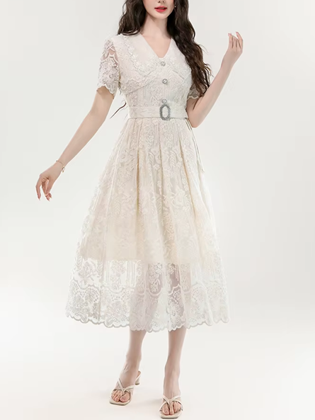 Gorgeous Floral Crochet Hollow Out Apricot Party Dress