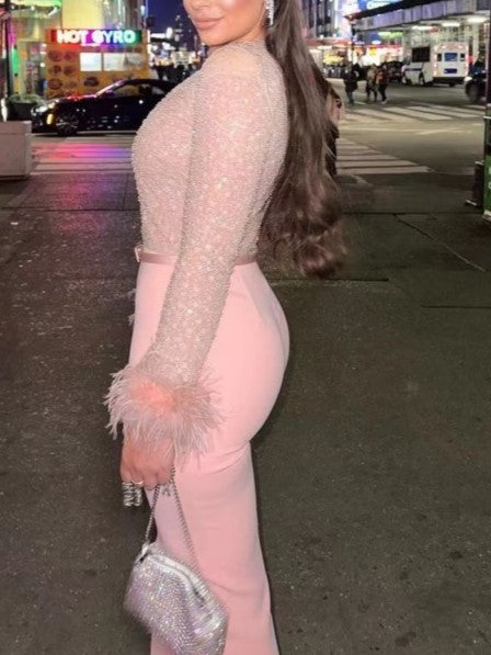 Gorgeous Pink Feather Decor Long Sleeve Jumpsuit