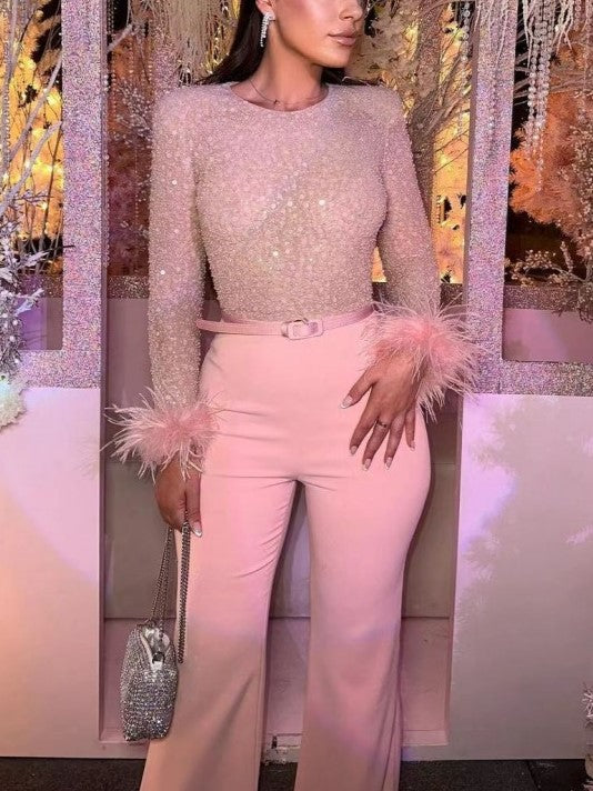Gorgeous Pink Feather Decor Long Sleeve Jumpsuit