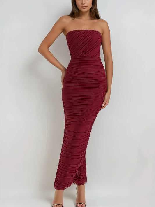 Chic Gradient Tube Strapless Ruched Red Maxi Dress
