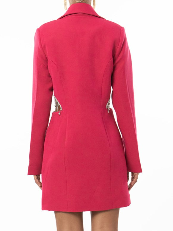 Hot Pink Lapel Collar Side Cut Dress