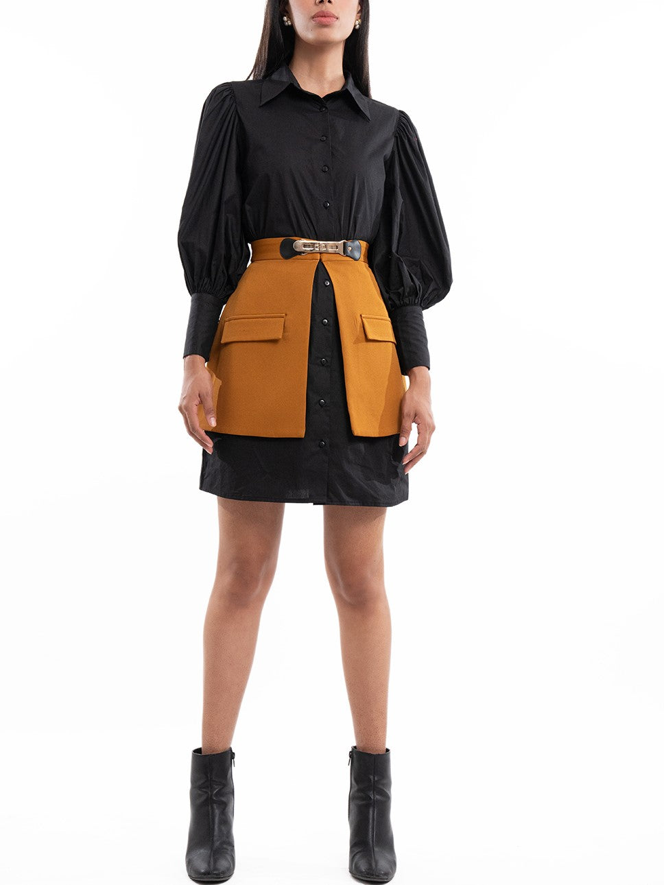 Latest Fashion Long Sleeve Black Dress With Skirt Set