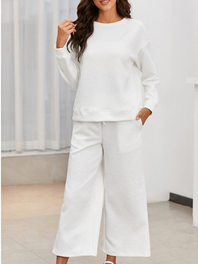 Leisure Wear Crew Neck Long Sleeve Wide Leg Textured Trouser Set