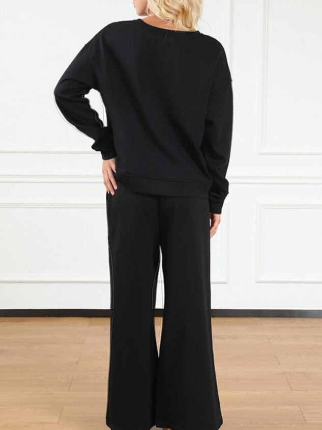 Leisure Wear Crew Neck Long Sleeve Wide Leg Textured Trouser Set