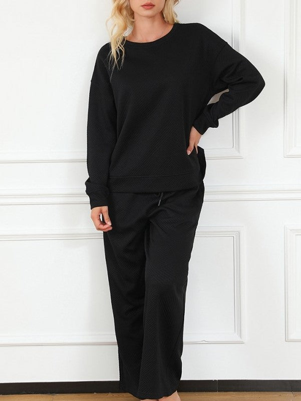 Leisure Wear Crew Neck Long Sleeve Wide Leg Textured Trouser Set