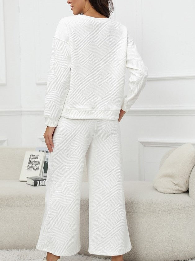 Leisure Wear Crew Neck Long Sleeve Wide Leg Textured Trouser Set